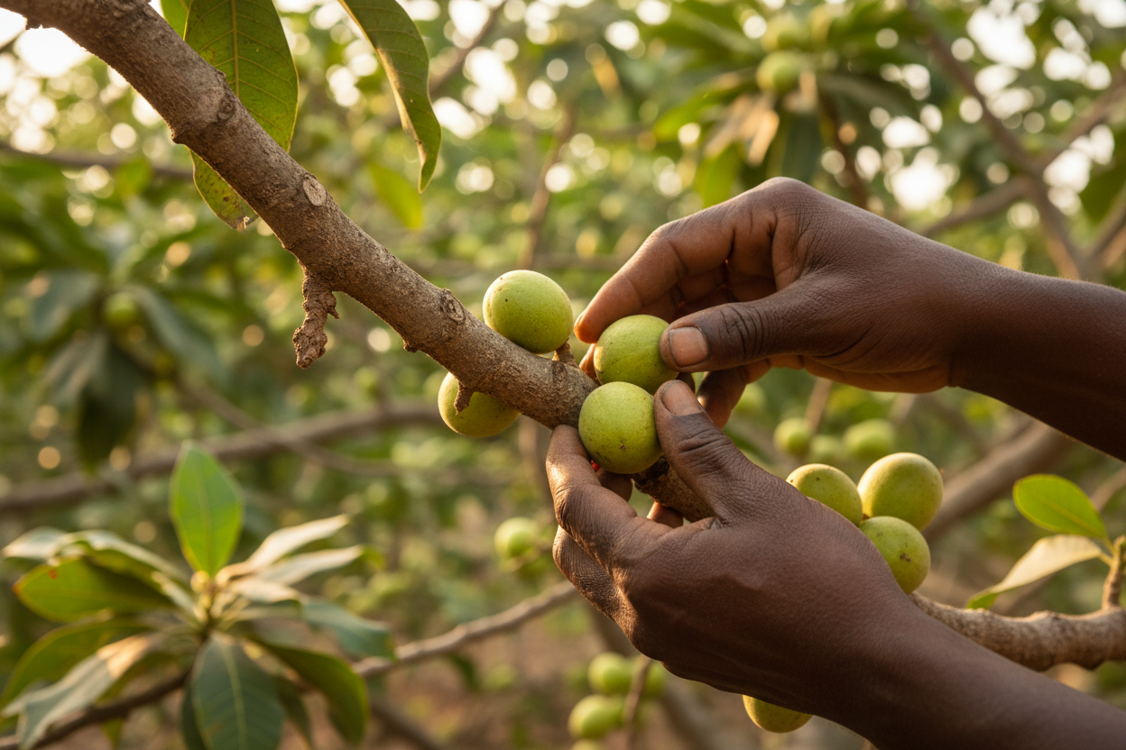 African person's hands picking shea nuts from a tree